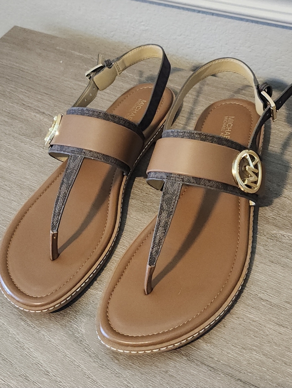 MICHAEL Michael Kors Brown Leather Logo T-Strap Sandals